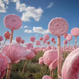 pink gummy flowers are featured in a field