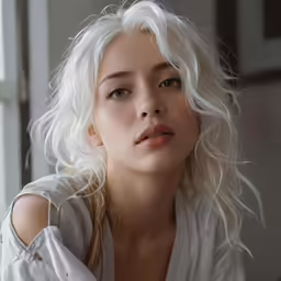 a young woman with white hair and large lashes looks straight ahead