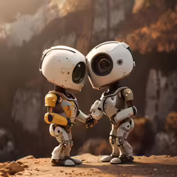 two toy robot shaking hands near rocky mountains