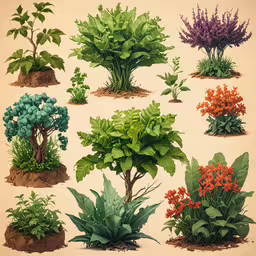 the different kinds of bushes and trees,the color scheme shows different kinds of plants