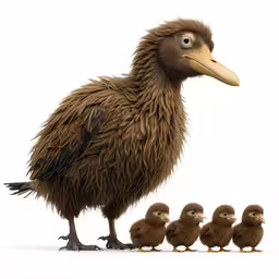 the bird is standing among four little baby birds