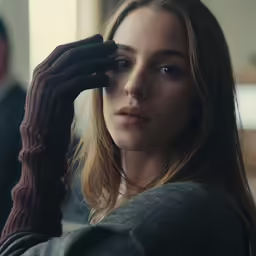 the woman looks into the distance with her hand on her head