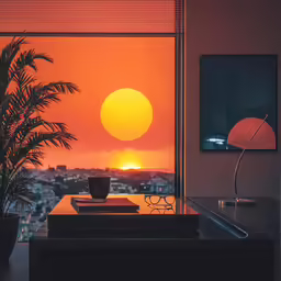 a living room window overlooking the sunset and city skyline