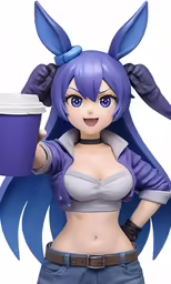 a plastic statue with a purple outfit and a cup