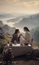 two young women are sitting at an old - fashioned table and eating desserts