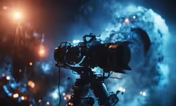 an analog camera on a tripod and some lights in the background