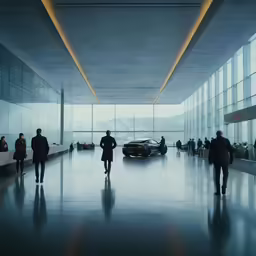 people walking in a long room near cars