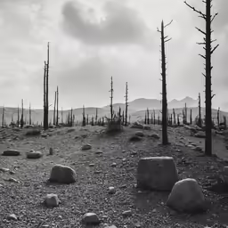 several black and white trees in a field