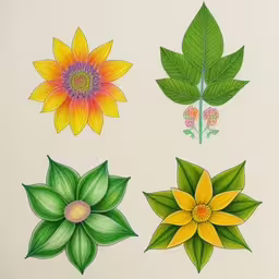 four different colored flowers in a drawing on white paper,there are flowers drawn in colored pencils on the paper
