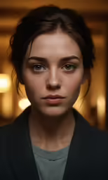 a beautiful young woman with blue eyes and a green shirt
