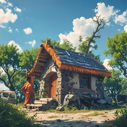 this is a painting of a little house in the middle of the woods