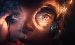 a man with big eyes has on headphones and an earphone