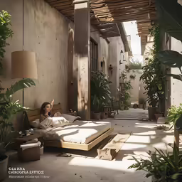 the woman is sleeping on her bed in the outdoor room