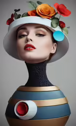 a woman with colorful hat and flower decoration on her head