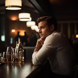 a man is sitting at a table with some glasses