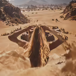 a woman standing in the middle of some dirt