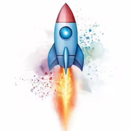 an blue rocket with bright red and yellow smoke coming out of it