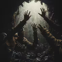a group of people reaching their hands out in the woods