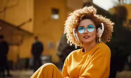 a woman with curly hair is sitting down wearing glasses