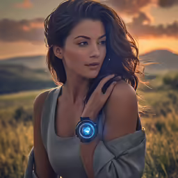 a woman wearing a glowing wristwatch with blue light