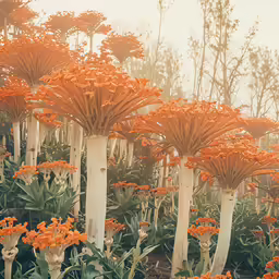 tall, colorfully designed trees with orange flowers