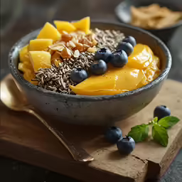 fruit and granola are in a grey bowl