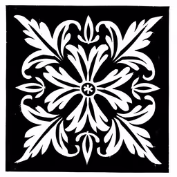 a block of tiles, black and white, with a stylized pattern,an ornate black and white square pattern with leaves