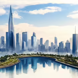a photo taken of a city with a large lake in front