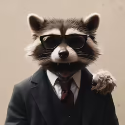 a raccoon wearing glasses and a suit holds a dog