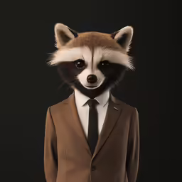a stuffed raccoon in a brown jacket and tie