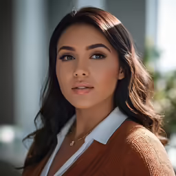 a young woman with long brown hair and an orange blazer posing for a photo