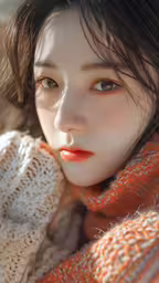 an asian woman with brown hair and orange sweater,this photo was taken with a very shallow light effect