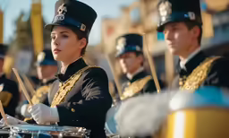 drummers dressed in military uniform play drums for the crowd