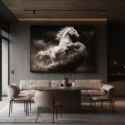 a large canvas hanging over a table next to two chairs
