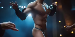 a young man with his arms spread wide apart, in underwear, performing an object