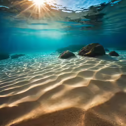 sunlight streams through the water to reveal sand dunes