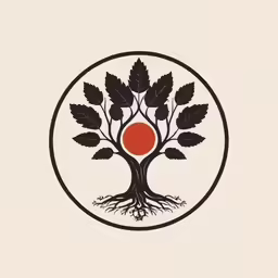 a round logo with a tree and two leaves on it