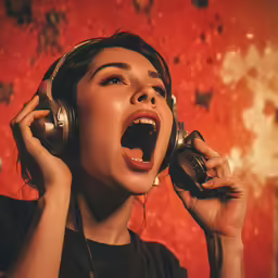 a girl making a screaming face while wearing headphones