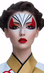 a female with makeup that has red and white designs