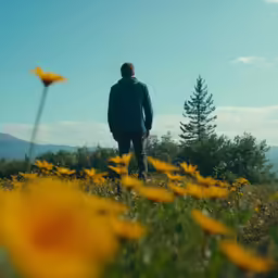 the man is looking at a field of flowers