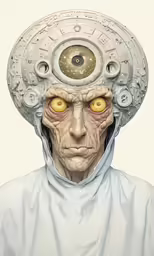 a white man in a white jacket and hood with some yellow eyes