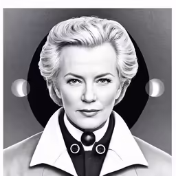 a portrait painting of the character cate blanche on a black and white background