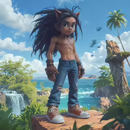 an animated character standing on top of a rock next to a jungle