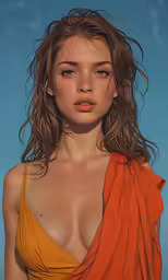 a painting of a woman in an orange top