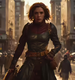a woman in a city scene holding something in her hand