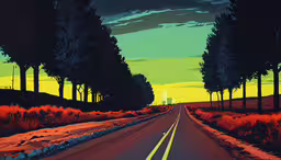 a painting of the sun setting over an empty road,a painting of trees in an orange and green sunset
