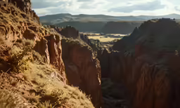 a view of rocky mountains and valley with cloudy sky
