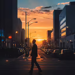 a person crossing the street at sunset in the city