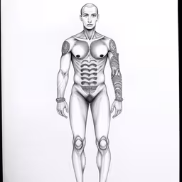 a black and white drawing of a person wearing an armor and holding a sword,a man with large muscles in his chest and tattoos,this is a man in skeleton body suit drawn by hand,there is a very large sketch on paper of a man with muscular arms and legs,a drawing of a man with muscles marked