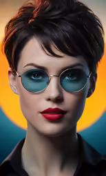 a woman with sunglasses wearing a shirt and red lipstick